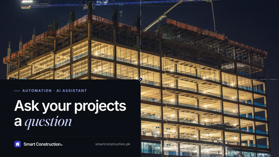 A concrete frame lit floor by floor at night, a crane on its roof, under the line “Ask your projects a question”