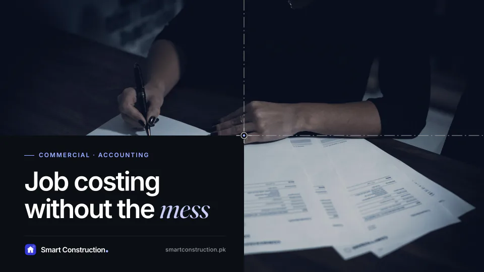 Hands signing through a spread of printed accounts on a dark desk, under the line “Job costing without the mess”