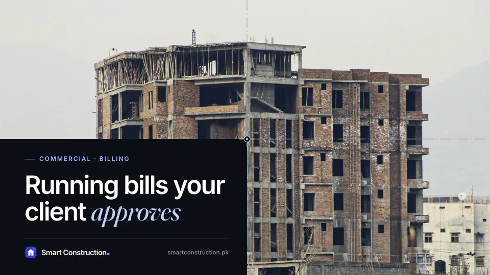 A brick and concrete frame building under construction in Timergara, Pakistan, under the line “Running bills your client approves”