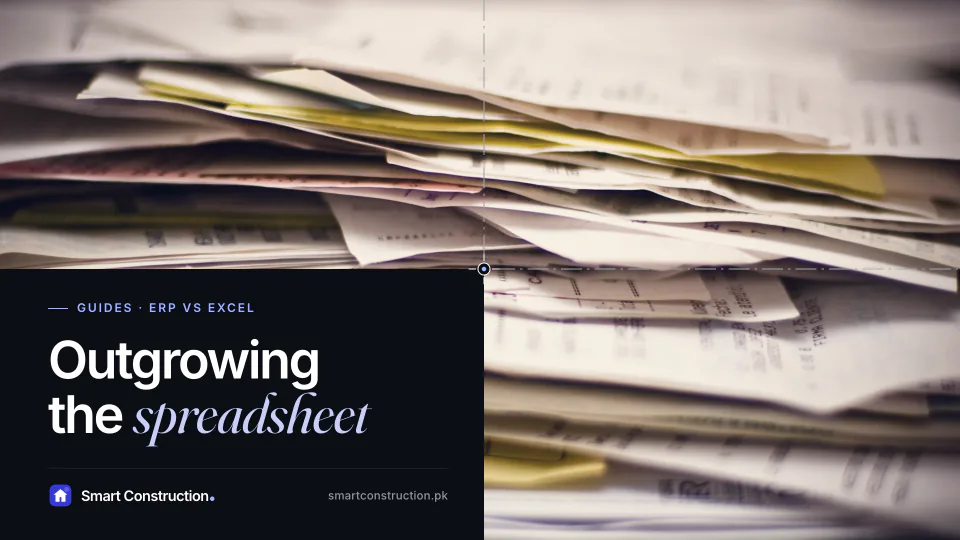 A tall, untidy stack of paper records, under the line “Outgrowing the spreadsheet”