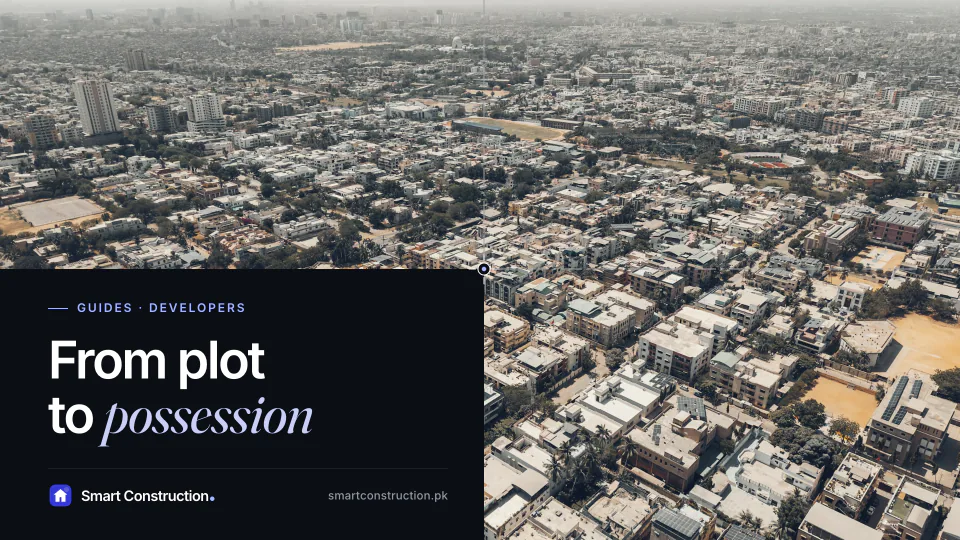 A dense residential district seen from the air, under the line “From plot to possession”
