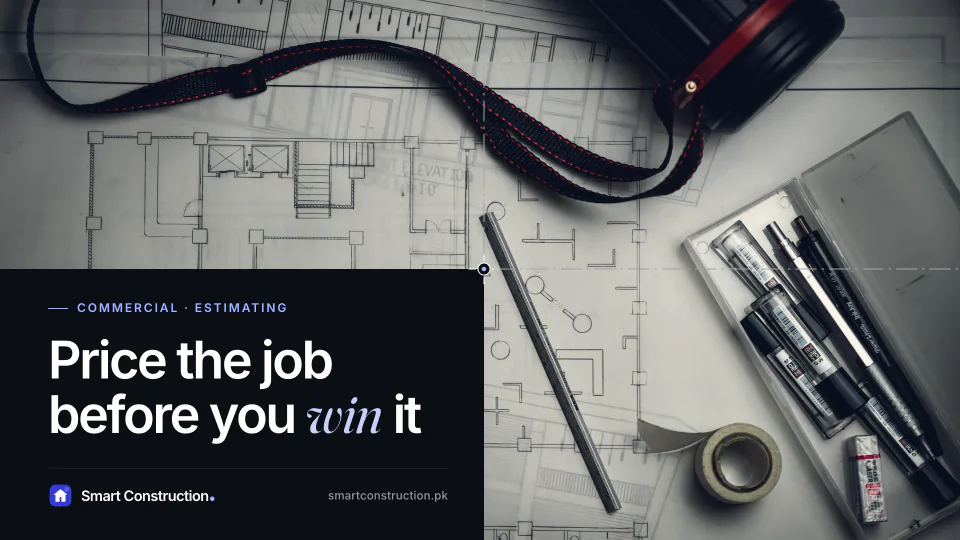 Floor plans on a desk with drafting pencils, a steel rule and tape, under the line “Price the job before you win it”