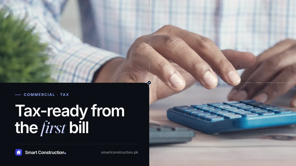 Hands working a calculator beside a keyboard, under the line “Tax-ready from the first bill”