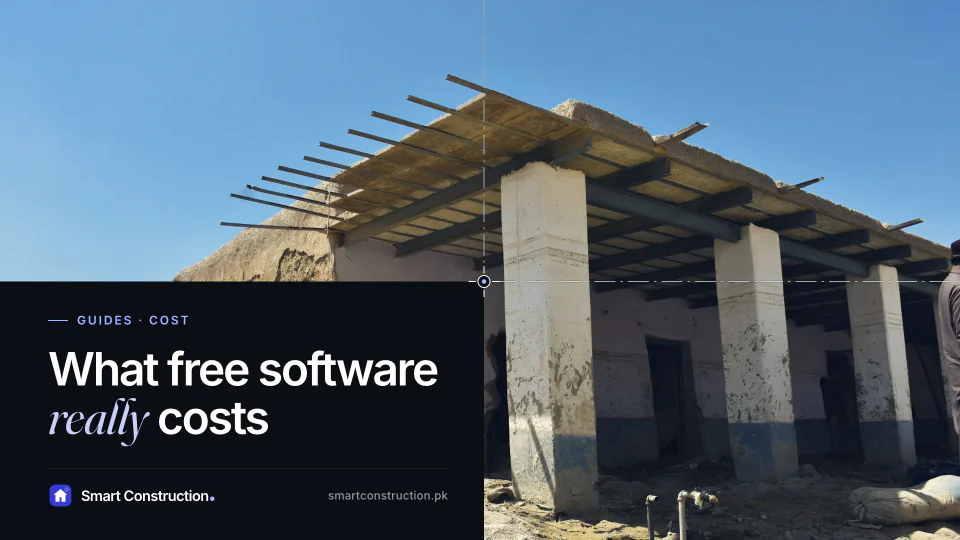 A half-built block structure among rubble in Quetta, Pakistan, under the line “What free software really costs”
