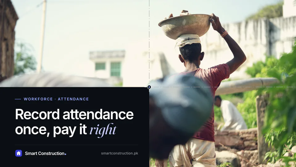 A labourer carrying a pan of material on his head across a site, under the line “Record attendance once, pay it right”