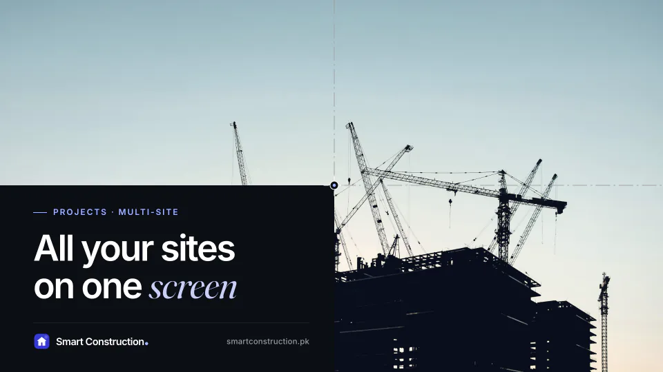 Tower cranes on several sites against a pale sky, under the line “All your sites on one screen”