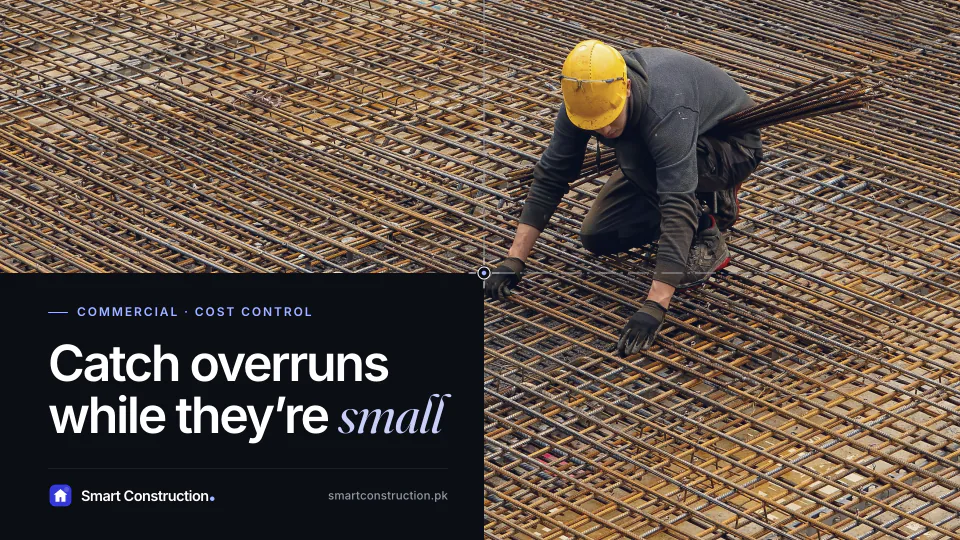 A steel fixer tying a reinforcement mesh, seen from above, under the line “Catch overruns while they’re small”