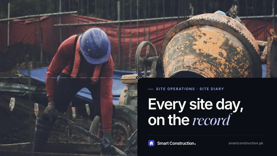 A worker shovelling fresh concrete beside a mixer, under the line “Every site day, on the record”