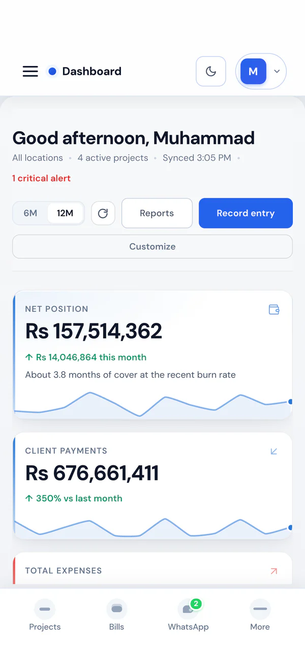 Smart Construction on an iPhone, showing the company dashboard with net position, client payments and expenses in PKR