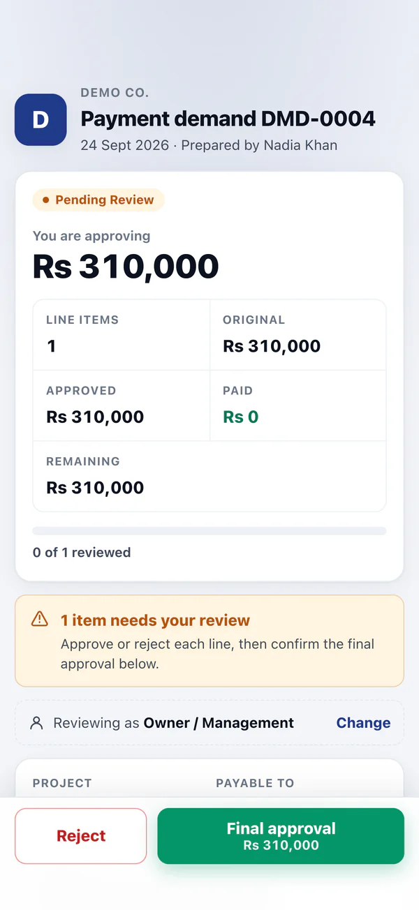 A payment request on an iPhone, waiting for the owner's approval in PKR