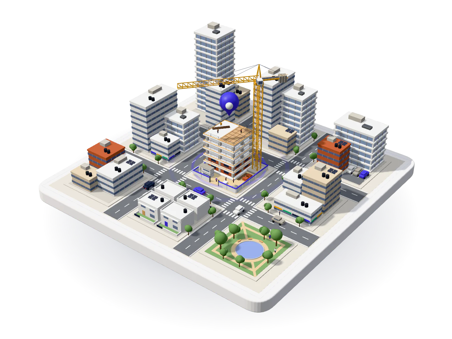 3D model of a city district with one construction site marked by a location pin, its tower crane turning among the surrounding blocks