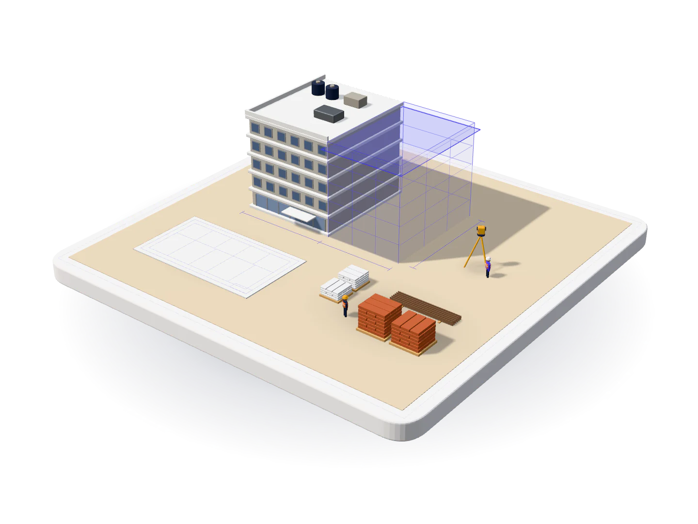 3D model of a building taken off from its drawing, half built and half a blueprint volume being measured, with the cement, steel and bricks it needs stacked beside it