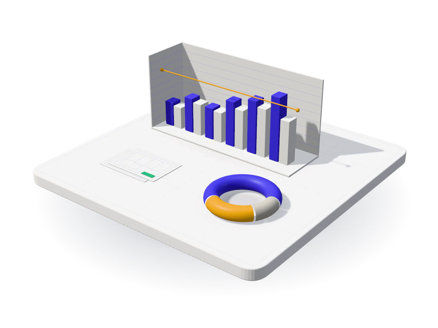 3D chart of a contract billed against payments received over six months, with the budget line across it and a receivables ring beside it