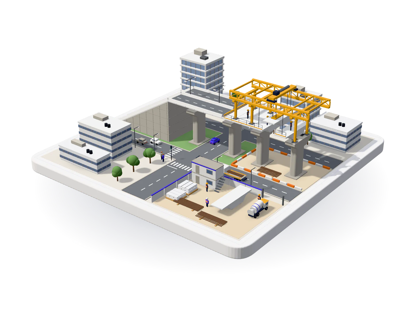 3D model of a flyover under construction over a city road, with finished spans on their piers and a launching girder lowering the next segment