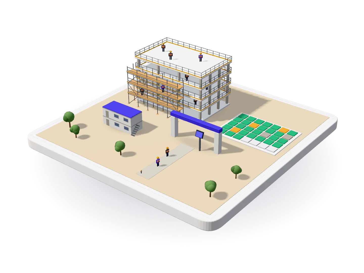 3D model of a crew at work on a concrete frame, the day shift checking in at the gate kiosk, and the attendance register laid out as a grid of days