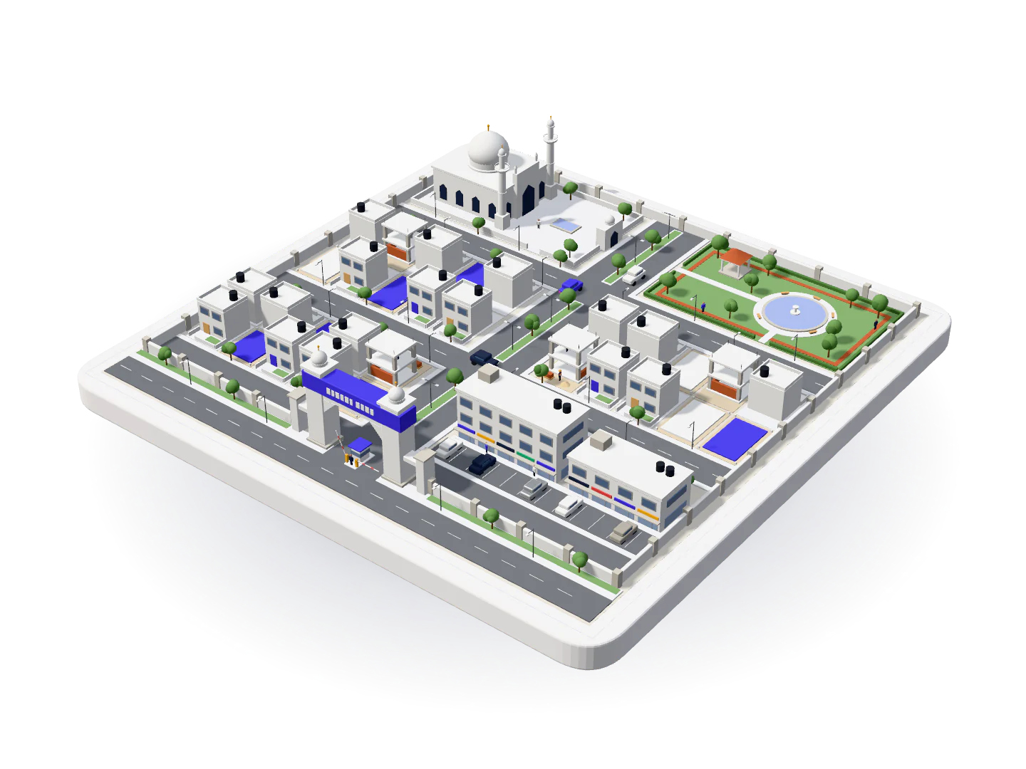 3D model of a housing society with its gate and boulevard, streets of plots at every stage, booked plots in indigo, the mosque and the park