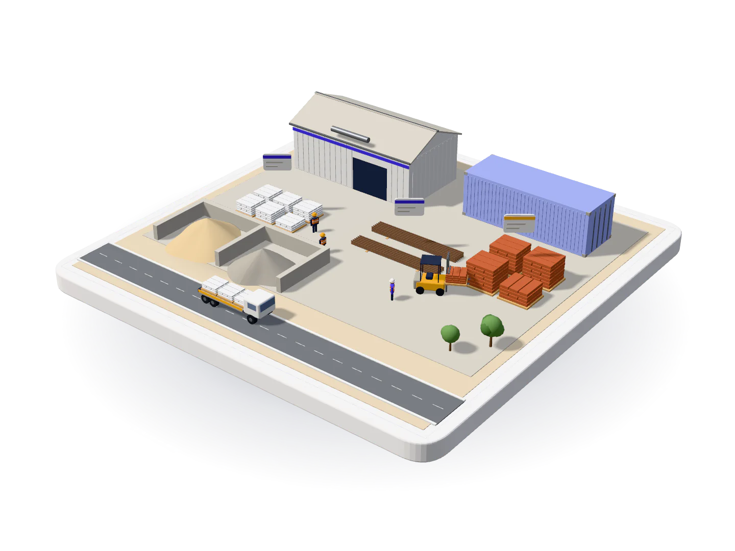 3D model of a construction site store and yard with cement on pallets, steel bars, bricks, sand and crush, a container and a delivery truck