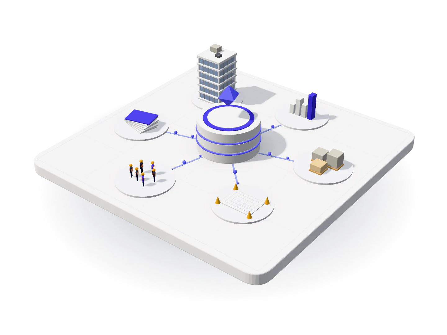 3D model of a central hub joined to six working areas: projects, billing, payroll, site, stock and reports