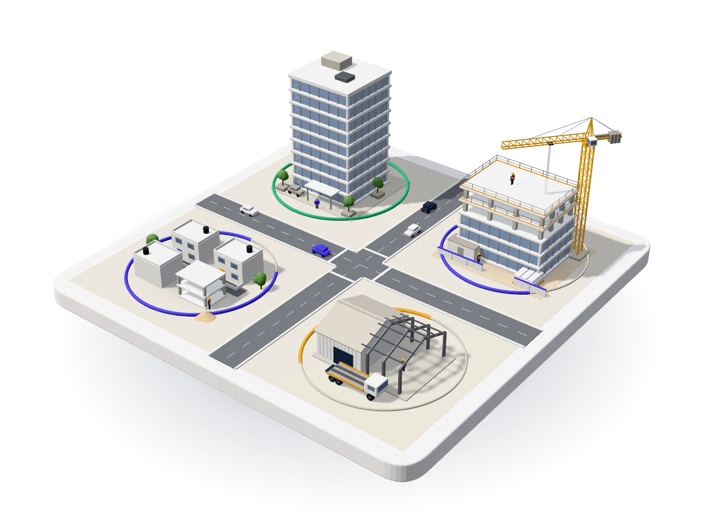 3D model of four construction projects at different stages, each ringed by its progress: an office block, a mixed-use plaza, a row of houses and a warehouse