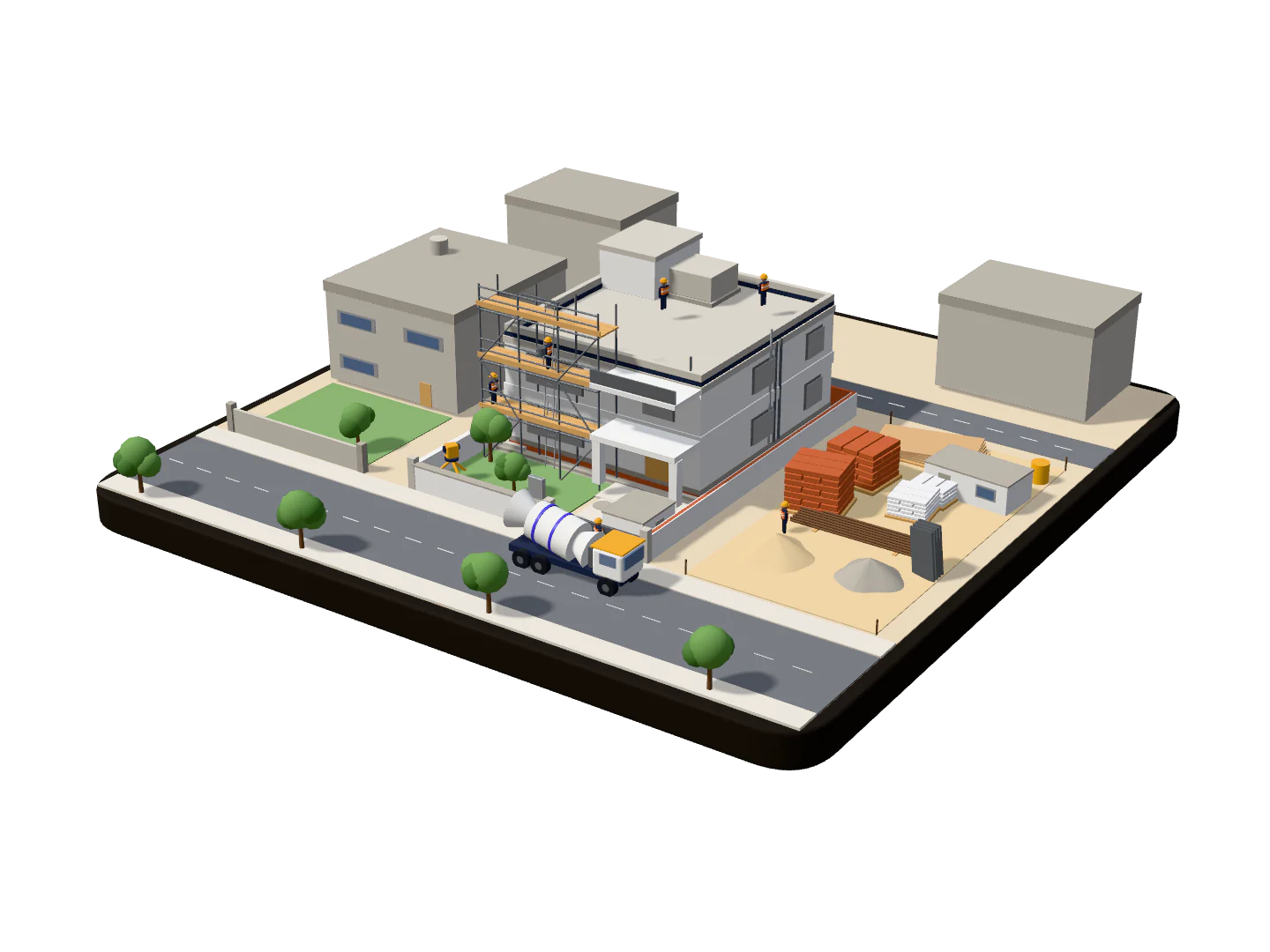 3D model of a two storey house under construction on its own plot, seen from across the street: the house plastered and glazed with a portico over the front door, scaffolding still standing on the left of the elevation, the mumty and the overhead water tank on the roof, the boundary wall and gate built, a transit mixer at the kerb, and the plot next door in use as the site yard with sand, crush, bricks, cement and shuttering stacked on it