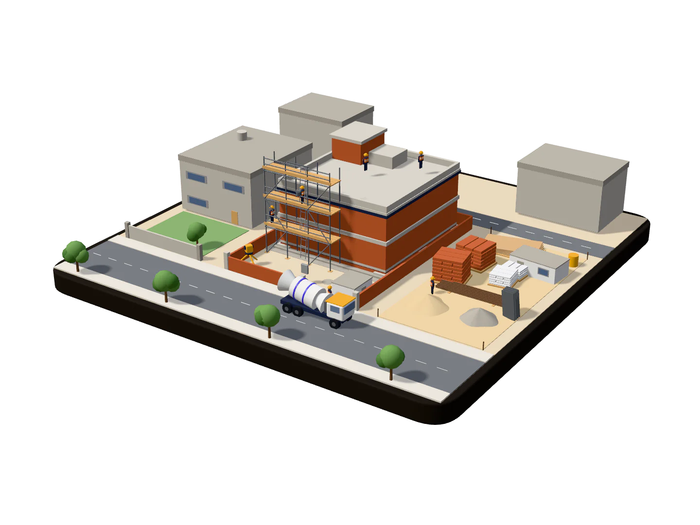 The same house in grey structure: two storeys of brick masonry under an RCC roof slab and parapet, the mumty built over the stair, the boundary wall up, scaffolding standing on the street elevation and a transit mixer at the kerb