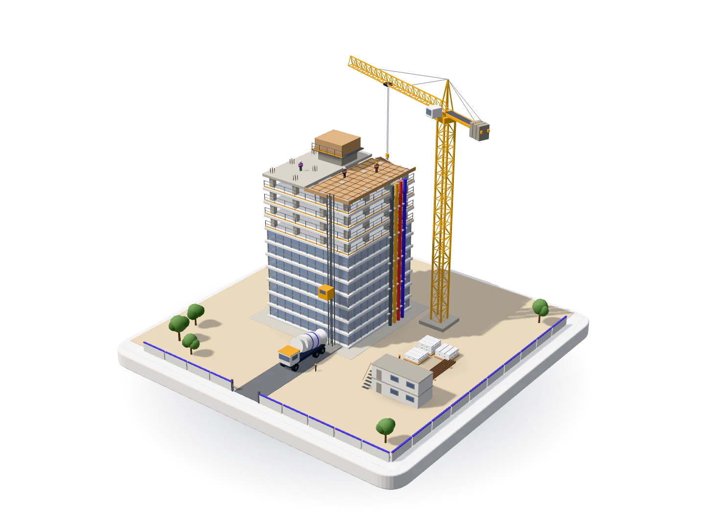 3D model of a tower under construction with its building services risers for water, fire, power and air running up through the finished floors