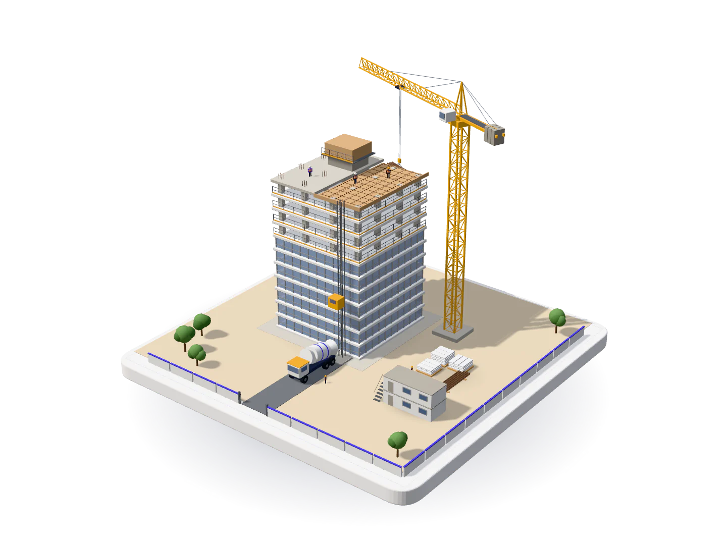 3D model of a commercial tower under construction: finished glazed floors, an open concrete frame above, and a tower crane lifting steel to the working floor